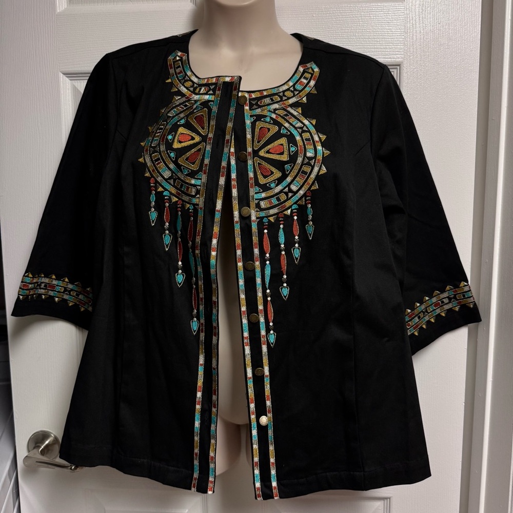 Bob Mackie Black Jacket Size 2X Wearable Art Embroidered 3/4 Sleeve SOUTHWEST - Picture 3 of 13